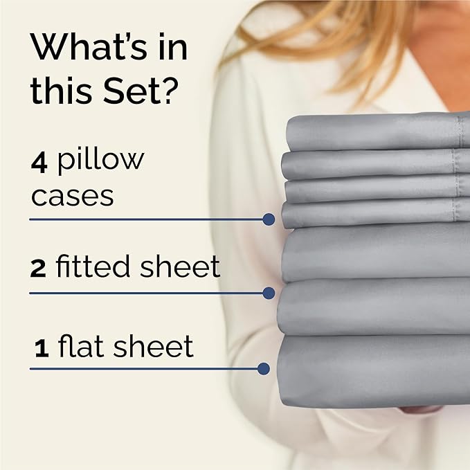 Split King 7 Piece Sheet Set - Comfy, Breathable & Cooling - Soft Hotel Luxury Bedding for Women, Men, Kids, Teens & Children - 1 Flat & 2 Fitted Sheets & 4 Pillowcases w/ Deep Pockets - Steel Blue