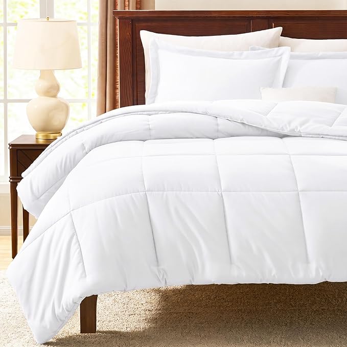 CozyLux California King Comforter Set White - 270GSM Cal King Bedding Sets for All Seasons, 3 Pieces Box Stitched Bed Set with 1 Down Alternative Comforter and 2 Pillow Shams, Soft, Lightweight