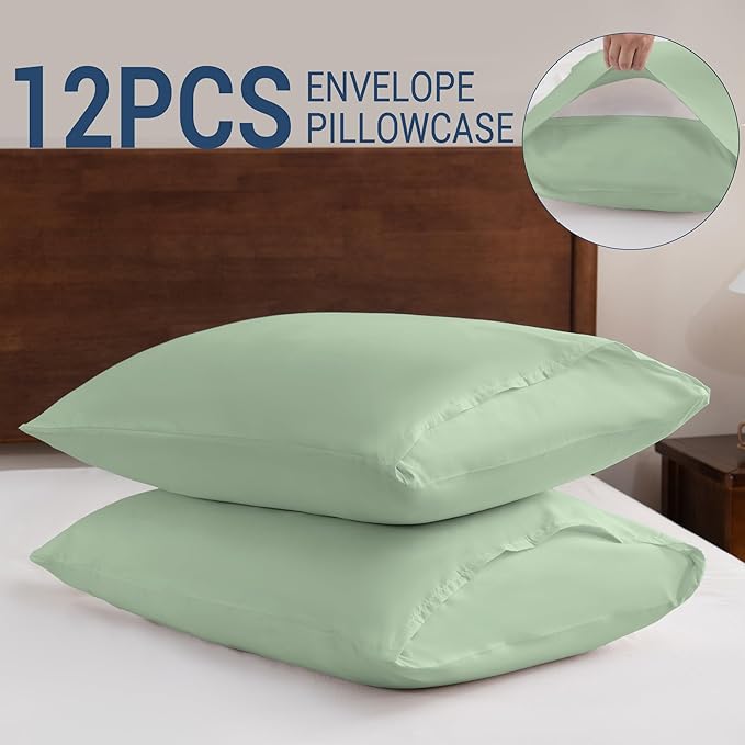Pillowcases King 12 Pack, 20x36 Pillow Cases with Envelope Closure, Soft Plain Brushed Microfiber Covers Breathable Wrinkle-Resistant, Sage Green