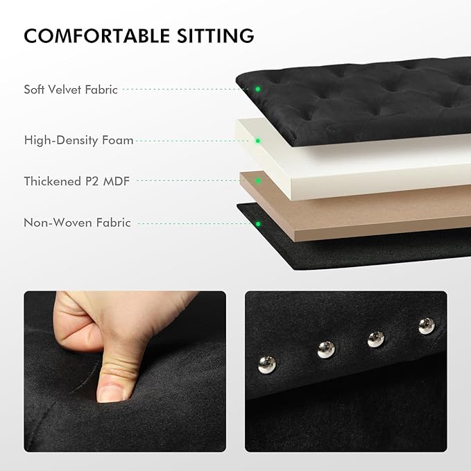 PINPLUS Black Folding Storage Ottoman Cube, Small Velvet Tuffed Foot Rest Stool with Rivet Design, Padded Seat for Living Room, Shoes Box Chest for Bedroom Vanity Area, 15.7inches