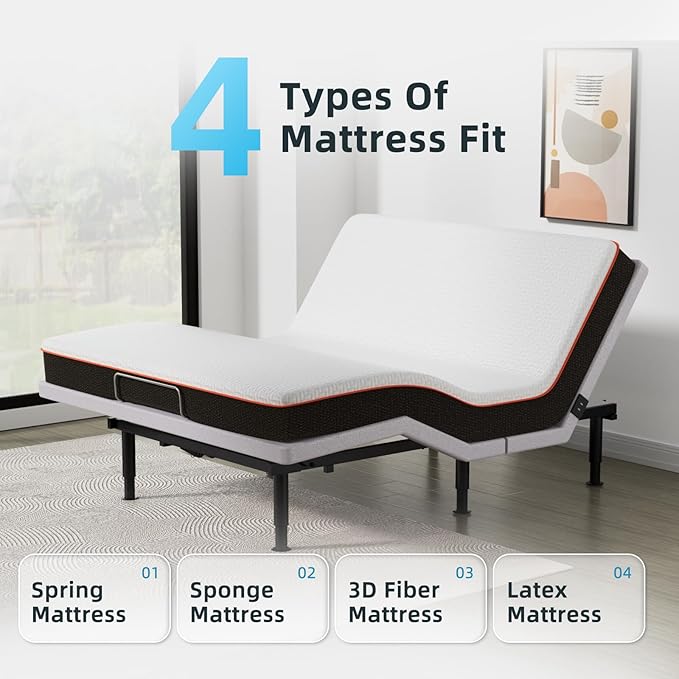 Queen Adjustable Bed Base Frame, Wireless Remote & Lift Motor, Dual USB Ports,Ergonomic Upholstered Bed Frame, Under Bed Lighting, Independent Head and Foot Tilt