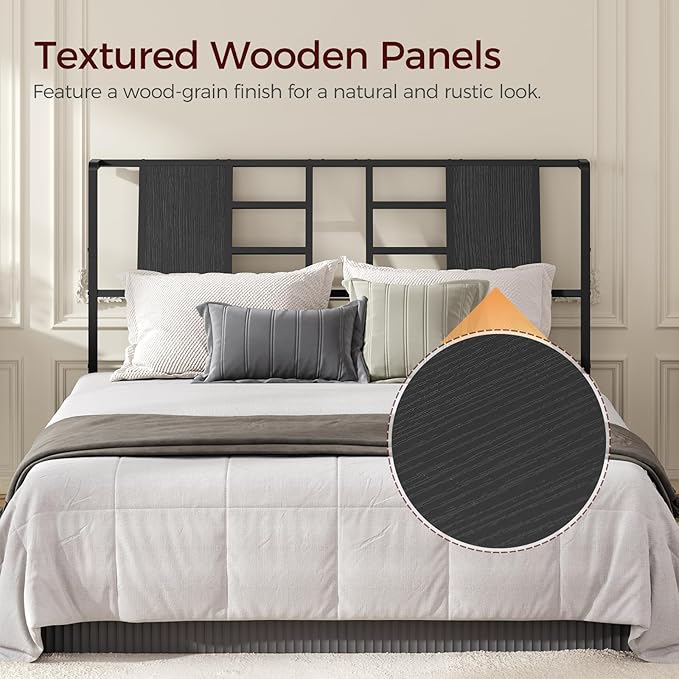 MAHANCRIS Headboard Queen Size Only, Industrial Metal Bed Headboard with Adjustable Feet and Compatible Adapters, Fits Most Bed Frames, Black