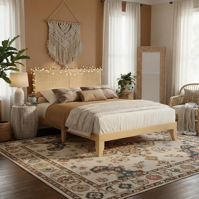 Garvee Queen Size Rattan Bed Frame, Bohemian Queen Rattan Bed Frame with Natural Headboard, Platform Queen Size Bed with Wooden Legs, LED Lights, No Box Spring Needed