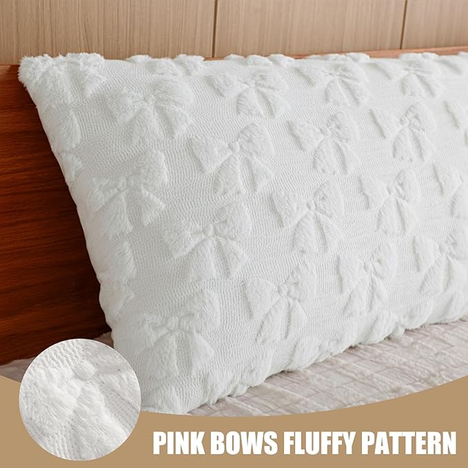 SmoothNovelty Cream White Bow Body Pillow Cover 20 x 54 Inches Coquette Long Body Pillowcase with Zipper Closure Coquette Room Decor Cute Faux Fur Soft Aesthetic Pillow Covers for Bed Sofa Couch