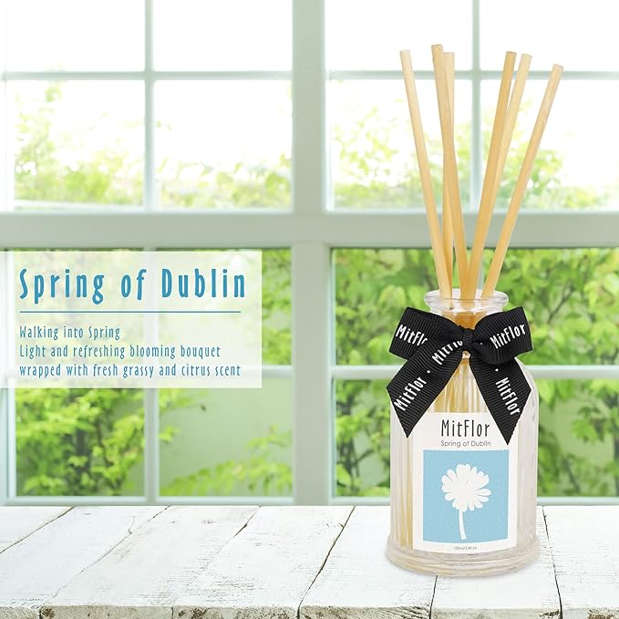Scent Diffuser, MitFlor Spring of Dublin Reed Diffuser with Natural Rattan Sticks, Refreshing Floral Scents for Home Fragrance and Décor, for Living Room, Bedroom, Bathroom & More-3.4 fl oz