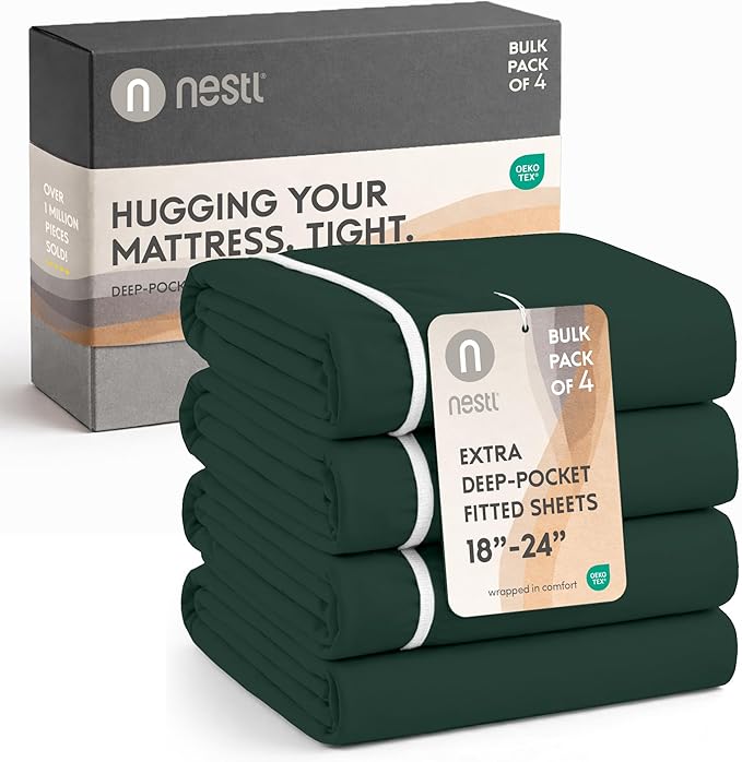 Nestl 4 Pack Forest Green Fitted Sheet Extra Deep Pocket, Hotel Luxury QueenFitted Sheet Only Easily Fits 18 to 24 Inch Mattress, Super Soft, Wrinkle-Free and Breathable with Corner Straps