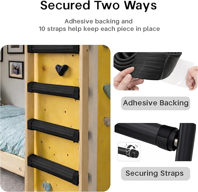 Bunk Bed Ladder Pads 6.5 Ft with 10 Adjustable Straps, Soft Foam Ladder Cover for Loft Bed, Cushioned Step Pads for Comfortable Climbing, Secure Fit, Black