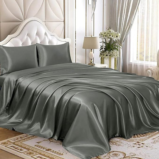 Homiest 3pcs Satin Sheets Set Luxury Silky Satin Bedding Set with Deep Pocket, 1 Fitted Sheet + 1 Flat Sheet + 1 Pillowcase (Twin Size, Dark Grey)