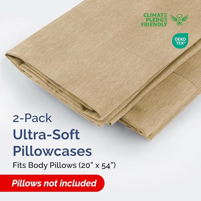 Body Pillowcases Set of 2-20x54 Long Body Pillow Case - Soft Body Pillow Cover for Sleeping & Side Sleepers - Comfy, Wrinkle & Fade Free - Machine Washable w/Envelope Enclosure Heathered Tan