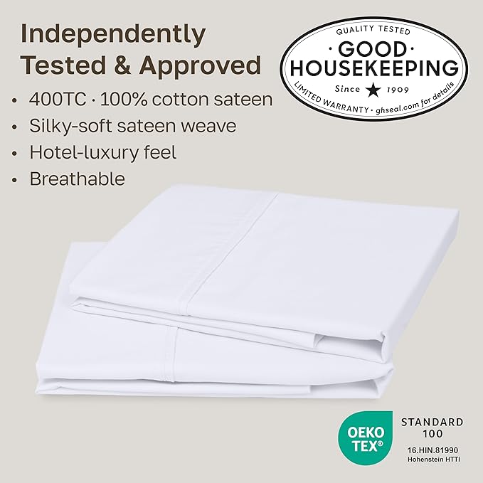 California Design Den King Size Pillowcase Set - 400 Thread Count, 100% Cotton Sateen, Set of 2 Pillow Covers, Soft and Breathable - Bright White