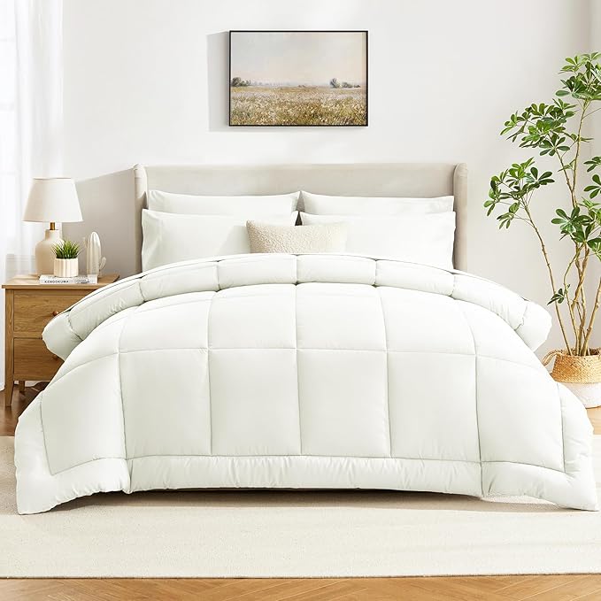 CozyLux Queen Comforter Set Ivory - 7 Pieces Bed in a Bag, Ivory Comforters Queen Size, Bedding Sets with All Season Quilted Comforter, Flat Sheet, Fitted Sheet, Pillowcases