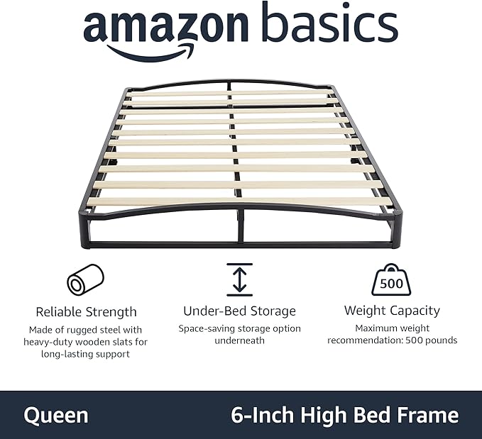 Amazon Basics Metal Platform Bed Frame with Wooden Slats, Steel Support, 6 Inches High, Storage Space, Queen, Black