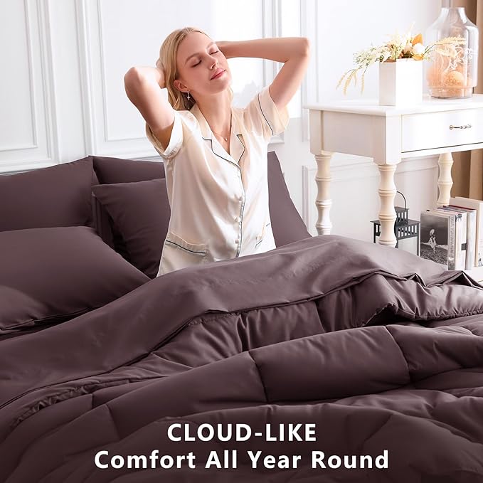 CozyLux Queen Comforter Set Cocoa Powder, 7 Pieces Bed in a Bag, Brown Comforters Queen Size, All Season Bedding Sets with Stitch Quilted Comforter, Flat Sheet, Fitted Sheet, Pillowcases