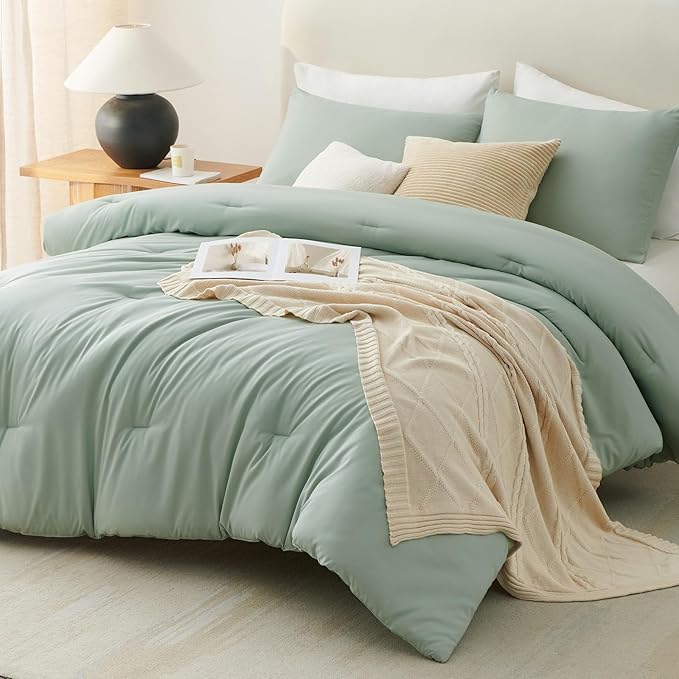 CozyLux Twin Comforter Set Sage Green, 2 Pieces Twin Extra Long Solid Breathable Bedding Sets for College Dorm, Twin XL Luxury Soft Bed Set with Down Alternative Comforter and 1 Pillowcase All Seasons