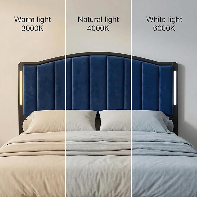 Headboard for Queen Size Bed with LED Lights, Upholstered Vertical Channel Tufting Head Boards, Velvet Headboard Only, Attach Frame, Ideal for Bedroom, Dorm, Guest Room, Blue