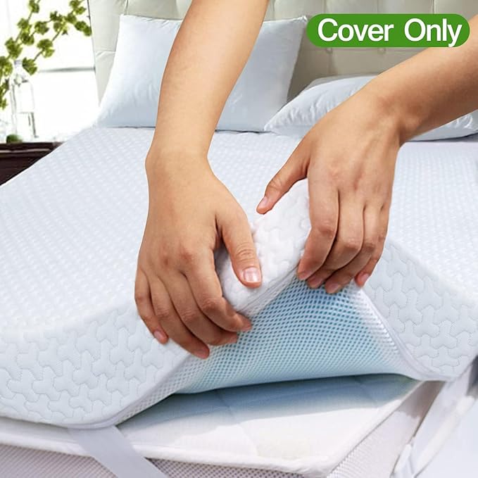 Mattress Topper Cover Full XL Size (Only Cover) 3 Inch Mattress Protector Cooling Rayon Zippered Mattress Encasement with Adjustable Straps for Latex Mattress Topper Memory Foam Cover