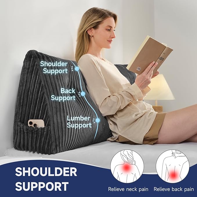 Queen Headboard Pillow, NO ROLL PILLOW, Comfort Triangular Wedge Reading Pillow for Bed&Sofa, Ultra Soft Ergonomic Backrest Cushion for Sitting Up, Reading, Relaxing, Removable Washable Cover, Grey