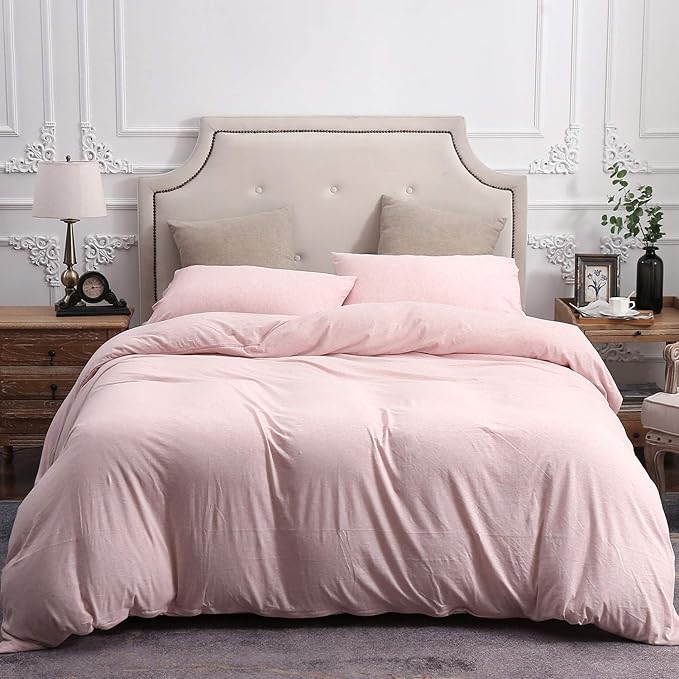 PURE ERA Jersey Knit Duvet Cover Set 100% T-Shirt Cotton Super Soft Comfy 3pc Bedding Set with Zipper Closure (Heather Pink, Queen)