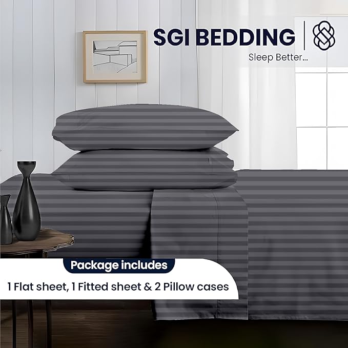 SGI bedding 100% Egyptian Cotton Sheets Full Size – 600 Thread Count Sheets Set, Soft, Cooling, 15" Deep Pocket, Luxury Hotel Bedding, Breathable, Durable - Dark Grey Stripe