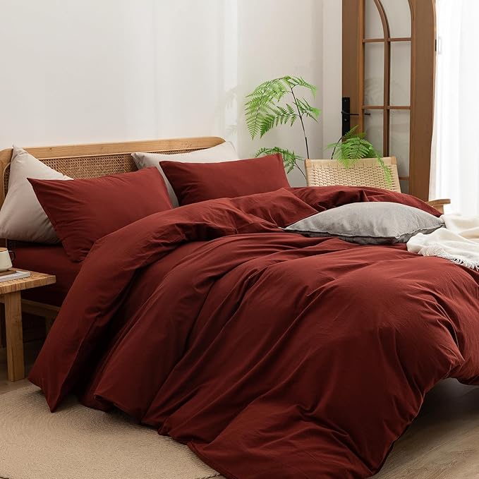 BESTOUCH Duvet Cover Set 100% Washed Cotton Linen Feel Super Soft Comfortable Chic Lightweight 3 PCs Home Bedding Set Solid Fired Brick Red Oversized Queen