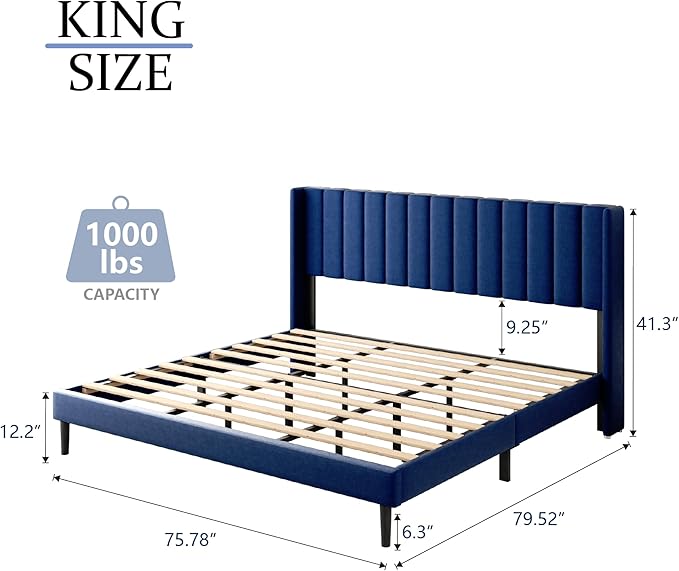 Gruwans King Size Bed Frame with Upholstered Wingback Headboard, Easy Assemnly Platform Bed, Wooden Slat Support No Box Spring Needed, Navy Blue
