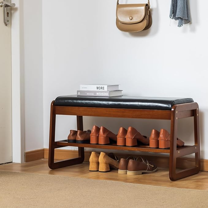 SOBIBO Shoe Bench with Storage - 2-Tier Entryway Bench, Solid Wood Shoe Rack with Cushion & Flip-Open Box, Mid-Century Modern for Hallway, Mudroom, Bedroom (Black, 31.5'')