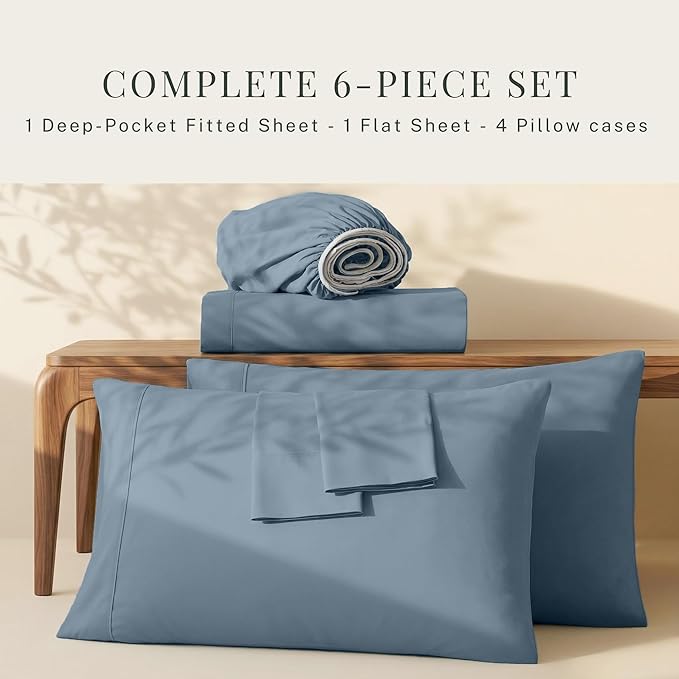 Hearth & Harbor Bed Sheets, Luxury Soft 6 Piece Bed Sheet Set Extra Deep Pocket Fitted Sheets Fits Mattress up to 21", Double Brushed Bedding Sheets & Pillowcases, Split King, Soft Blue