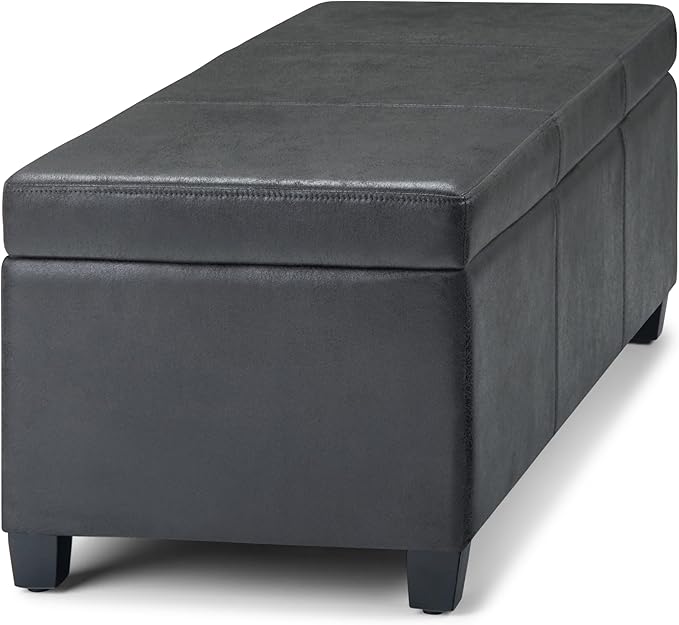 SIMPLIHOME Avalon Storage Ottoman Bench - 48" Wide x 16" High Upholstered Vegan Leather Rectangular Lift-Top Ottoman in Distressed Black, Contemporary Bench for Living Room with High-Density Foam