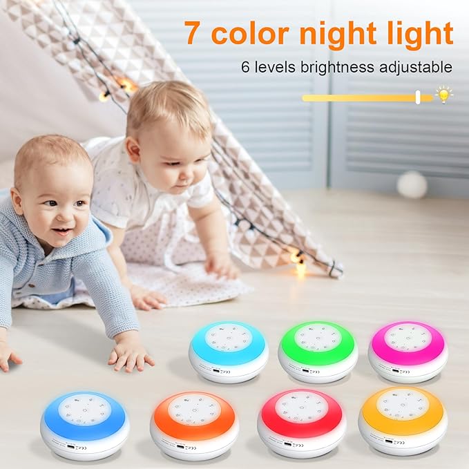 Portable White Noise Sound Machine for Baby, Kids, Adults Sleep - 24 Soothing Natural Sounds, 7 Color Night Light, Portable Wireless Bluetooth Pillow Speaker for Home, Travel, Nursery, Office