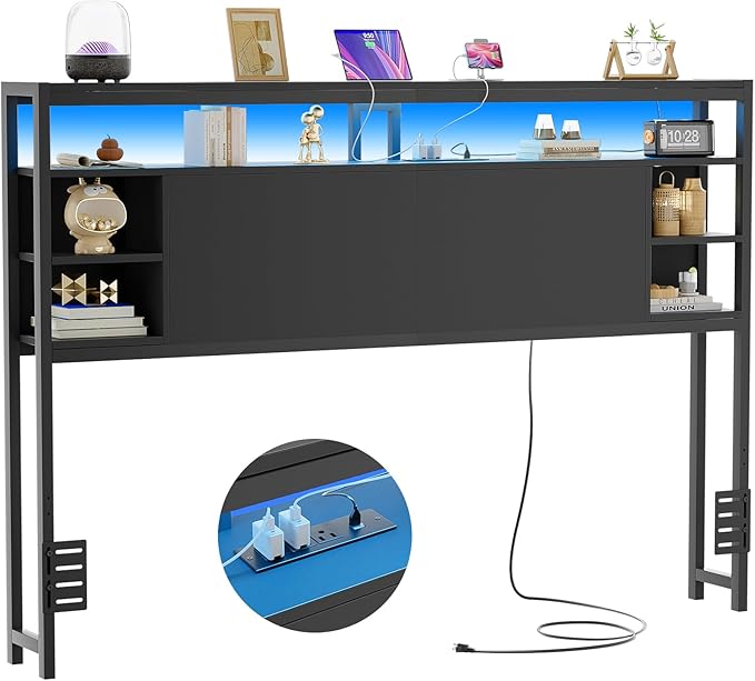 Unikito Queen Size Headboard with Storage, Headboard with Power Outlet and RGB LED Light, Sturdy Head Board for Queen Size Bed, Stable Headboards Only for Bedroom, Dorm Room, Guest Room, Black