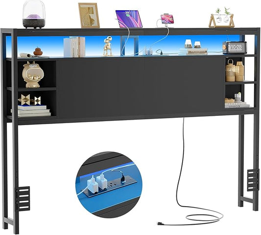Unikito Queen Size Headboard with Storage, Headboard with Power Outlet and RGB LED Light, Sturdy Head Board for Queen Size Bed, Stable Headboards Only for Bedroom, Dorm Room, Guest Room, Black