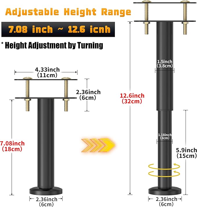 Wlrrcwdttc 6 Pcs Adjustable Height Bed Support Legs 7.08-12.6 inch, Bed Frame Center Support Legs for Bed Frame/Bed Center Slat/Furniture, Heavy Duty Metal Bed Replacement Legs Bed Slats Support Legs