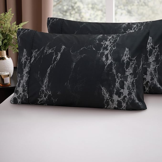 Elegant Comfort Luxury Ultra-Soft 2-Piece Pillowcase Set - 1500 Premium Hotel Quality Microfiber Double Brushed - Wrinkle Resistant, Standard/Queen, Marble Pattern Black