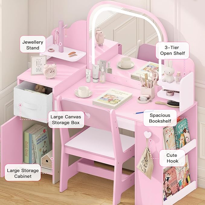 Kids Vanity with Lights and Chair, Princess Makeup Vanity Desk with Mirror Bookshelf Storage Cabinet,3 in 1 Toddler Vanity Table,Children Makeup Dressing Table,Pretend Play Vanity for Little Girl-Pink