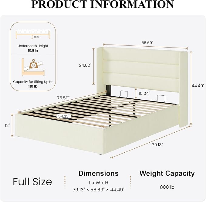 SHA CERLIN Full Size Lift Up Storage Bed/Chenille Fabric Upholstered/Modern Wingback Headboard/Platform Bed Frame/Hydraulic Storage/No Box Spring Needed/Wood Slats Support/Cream