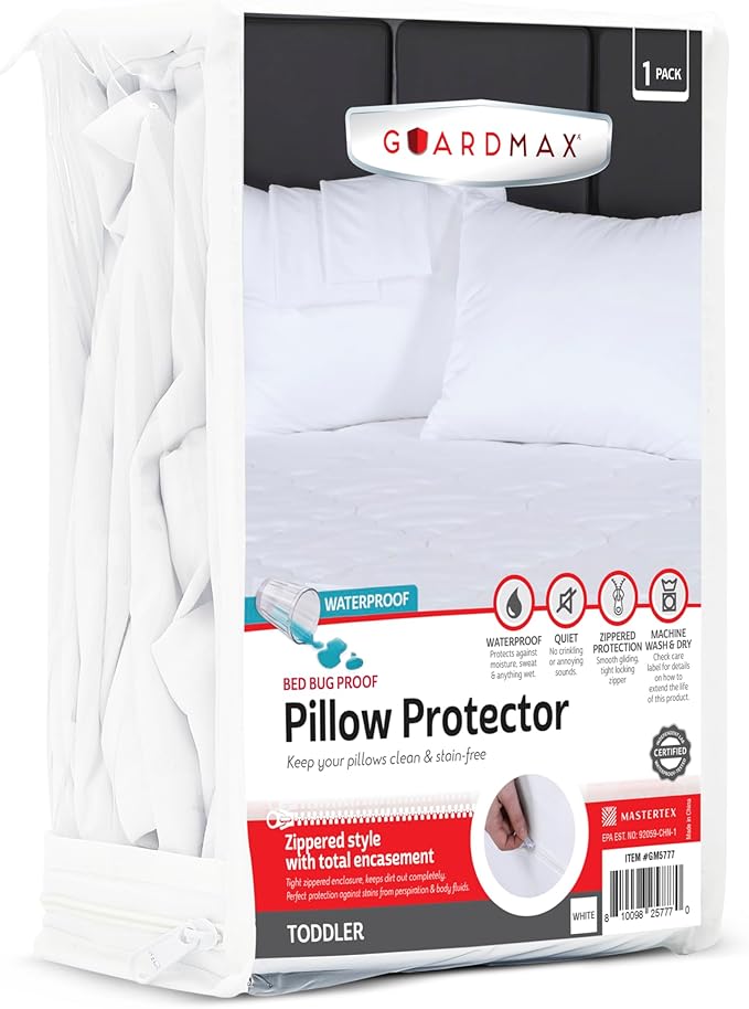 Guardmax Waterproof Pillow Protector White Toddler Size - Zippered Bed Bug Pillow Protector 1 Pack - Hypoallergenic Pillow Case Cover Protects from Bedbug, Dust Mite, and Liquid Spills - (18 X 13)
