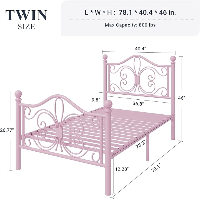 Allewie Twin Size Bed Frame with Headboard,Metal Bed Frame with Butterfly Pattern Design Headboard & Footboard,No Box Spring Needed,Easy Assembly,Pink