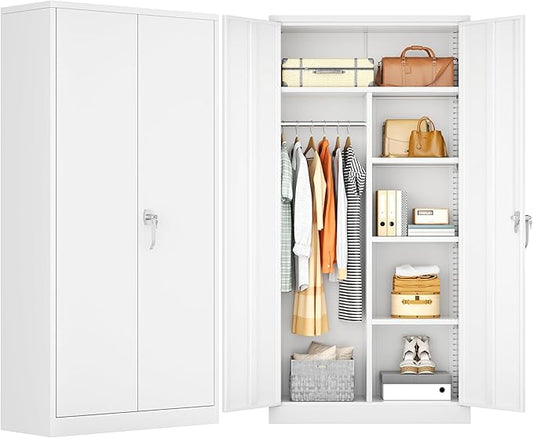 INTERGREAT Metal Storage Cabinet,Armoire Wardrobe Closet with 4 Adjustable Shelves and Hanging Rod,Metal Wardrobe Cabinet with Lockable Doors for Home Office,Warehouse,Garage,White