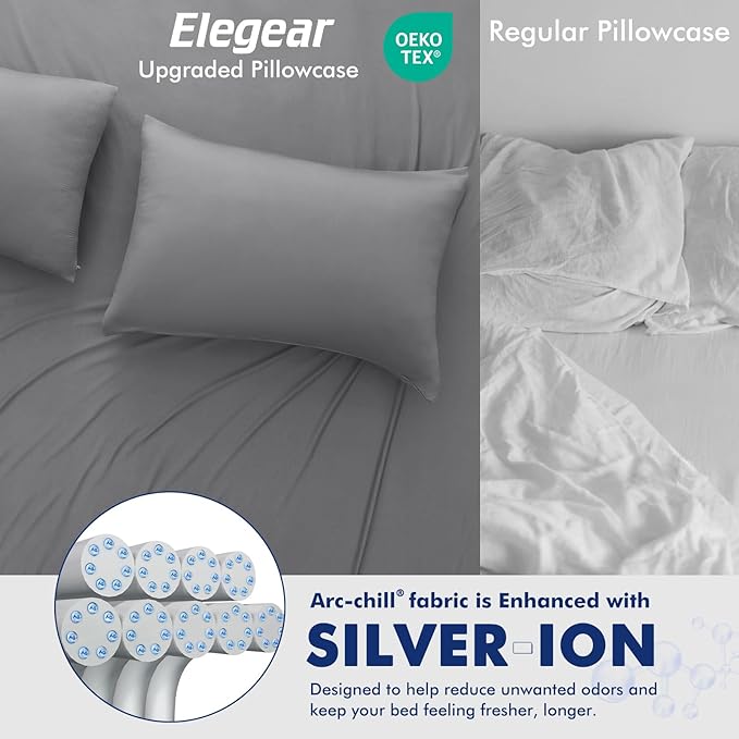 Elegear Cooling Pillow Cases for Hot Sleepers, Silver Infused Cooling Pillowcase Instantly Cool with Q-Max>0.5, Soft Silky Pillowcases for Hair & Skin, Zipper Pillow Cases Set of 2-King, Dark Gray
