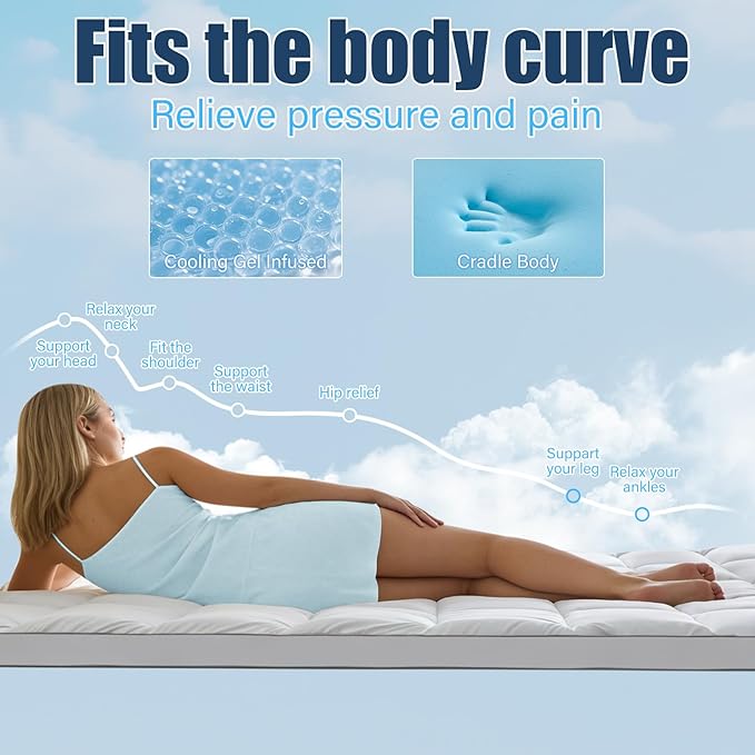 4 Inch Dual Layer Mattress Topper Queen Size, 2 Inch Cooling Gel Memory Foam and 2 Inch Down Alternative Pillow Top Pad for Back Pain, with 8-21 Inch Deep Pocket
