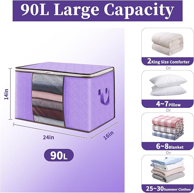 90L Clothes Blanket Storage Bags, 6 Pack Under Bed Storage Bins with Lids, Foldable Closet Organizer with Reinforced Handles for Clothing, Blanket, Comforters, Bed Sheets, Pillows and Toys, Purple