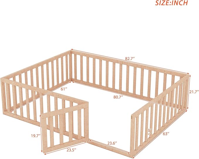 Bellemave Queen Size Montessori Floor Bed with 21.7" High Rails, Pine,Plywood Floor Bed with Small Door, Natural