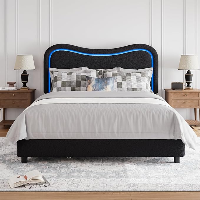 GarveeHome LED Queen Bed Frame with 2 Drawers and Headboard, Cute Upholstered Bed with Storage, Sturdy Platform Bed, No Box Spring Needed, Wooden Slats, Noise Free, Black