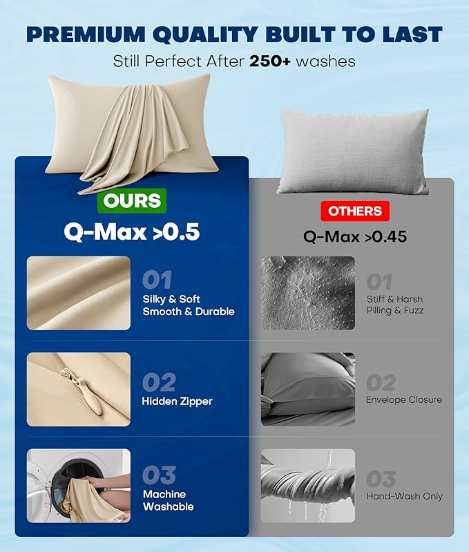 Ultra-Chill Cooling Pillowcase Set of 2 for Hot Sleepers, Softer Than Silk Pillow Cases for Protecting Hair & Skin, Breathable Bed Pillow Covers w/Zipper, Gifts for Women Men(Beige, Standard)