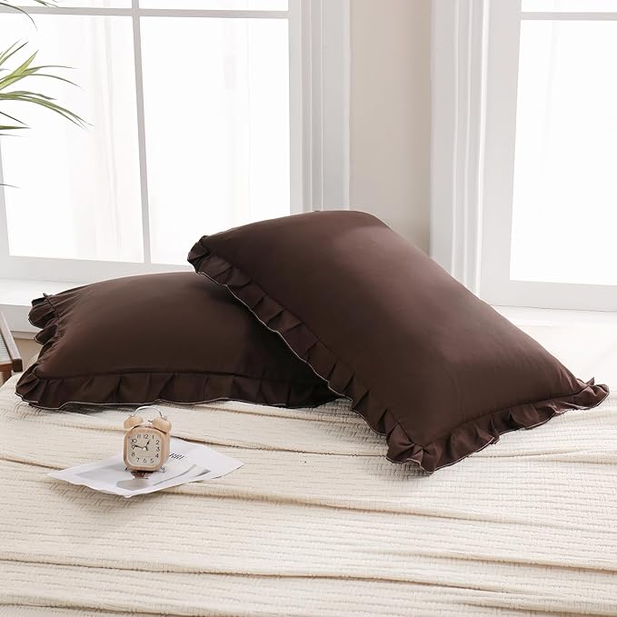 Merryword Dark Brown Pillow Shams Standard Pillowcases 20x26inch Chocolate Cute Pillow Cover Set of 2 Soft Shabby Chic Ruffled Pillowcases