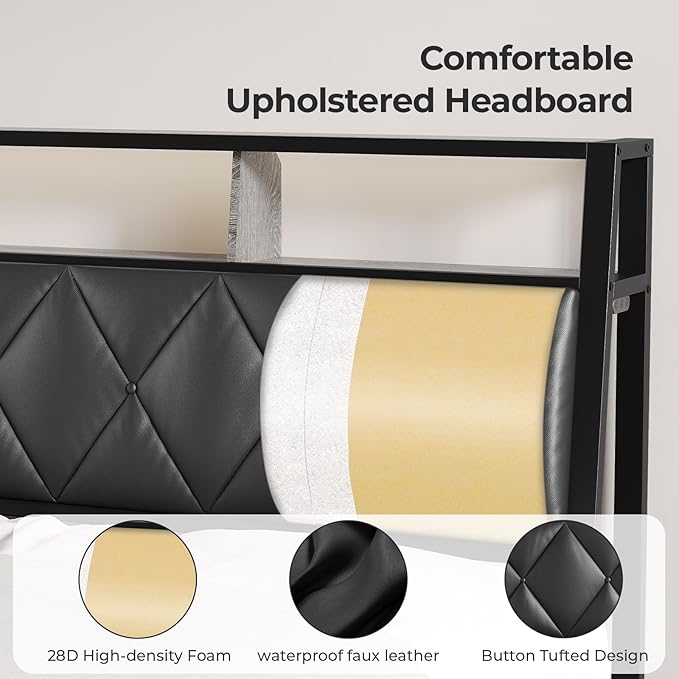 King Headboard Only, Headboard for King Size Bed with Storage, Upholstered Headboards with LED Lights & Charging Station, Attach Frame, Ideal for Bedroom/Dorm/Guest Room, Black, Faux Leather