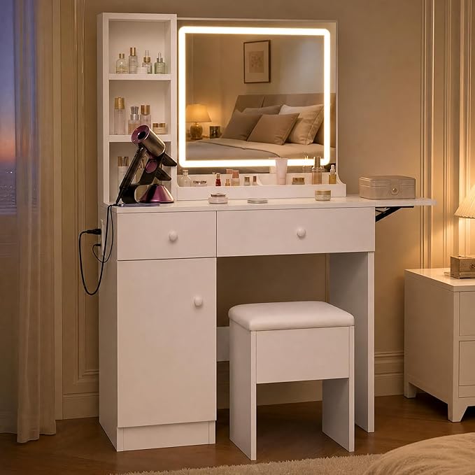 FUXA Vanity Desk with LED Lights Mirror and Charging Station, Makeup Vanity Table with Storage Drawers, Cabinet and Chair, Dressing Table Set for Bedroom, White