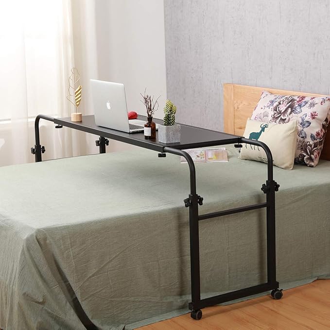 TigerDad Overbed Table with Wheels, Rolling Desk for King Queen Full Bed Heavy Duty, 55"-83" Adjustable Length & Height Hospital Nursing Table, Mobile Cross Bed Laptop Stand for Home Work, Black