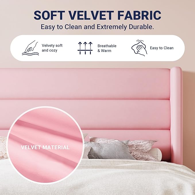Allewie King Size Platform Bed Frame with Velvet Upholstered Wingback Headboard, No Box Spring Needed, Under Bed Storage Space, Strong Wooden Slats, Modern Mattress Foundation, Easy Assembly, Pink