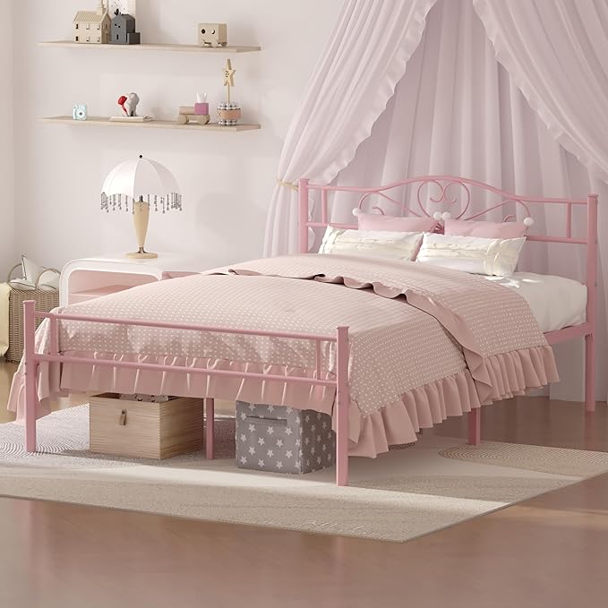 VECELO 14 Inch Full Size Metal Platform Bed Frame with Headboard and Footboard, Heavy Duty Mattress Foundation with Steel Slats Support, No Box Spring Needed, Pink